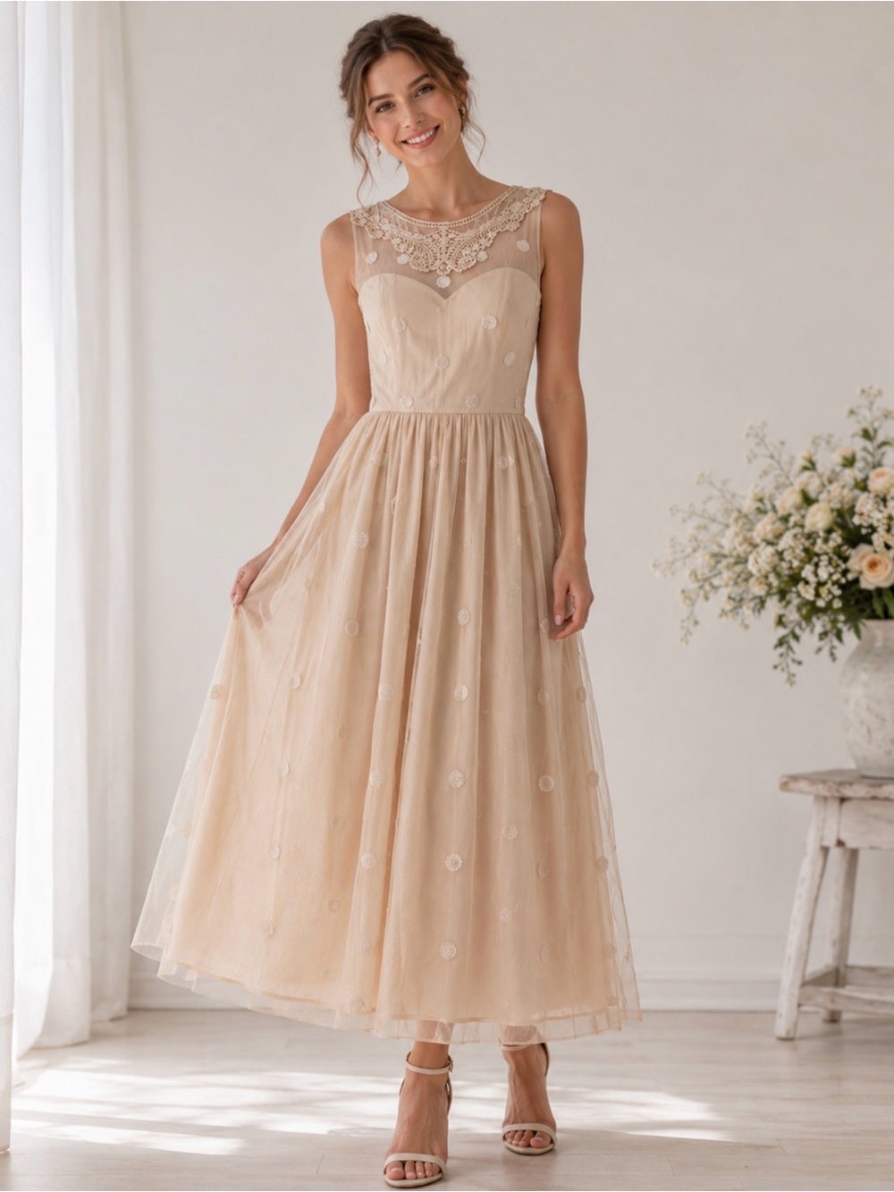 ModCloth Ethereal Romantic Sweetheart Polka Dot Tulle Lace Plunging Back Dress